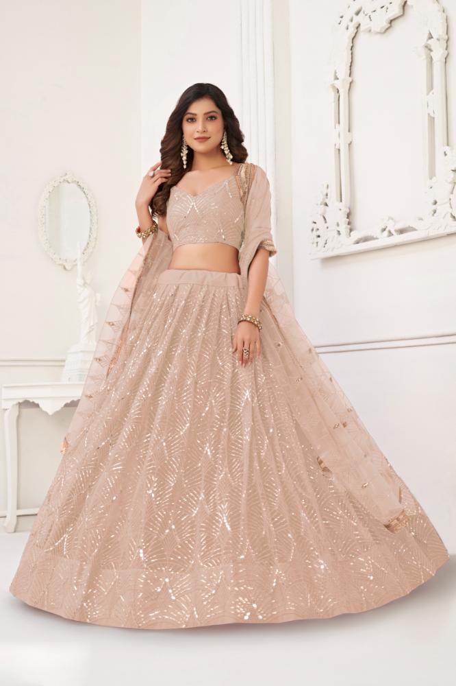 Aastha Fashion Peach Butterfly Net Tone To Tone Cotton Thread Work With Sequence Work Embroidery Wedding Wear Lehenga Choli