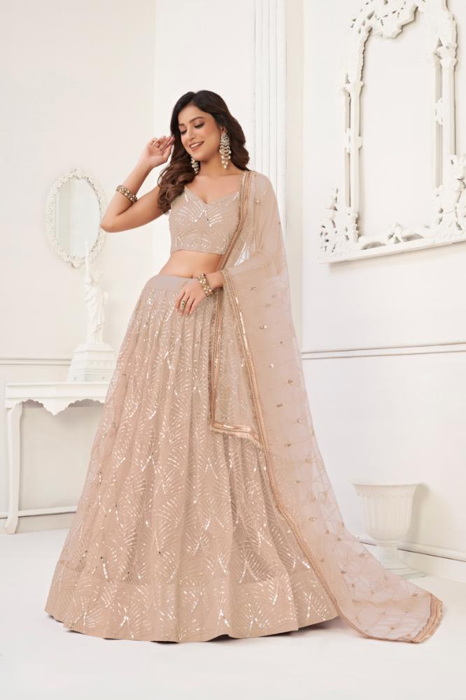 Aastha Fashion Peach Butterfly Net Tone To Tone Cotton Thread Work With Sequence Work Embroidery Wedding Wear Lehenga Choli