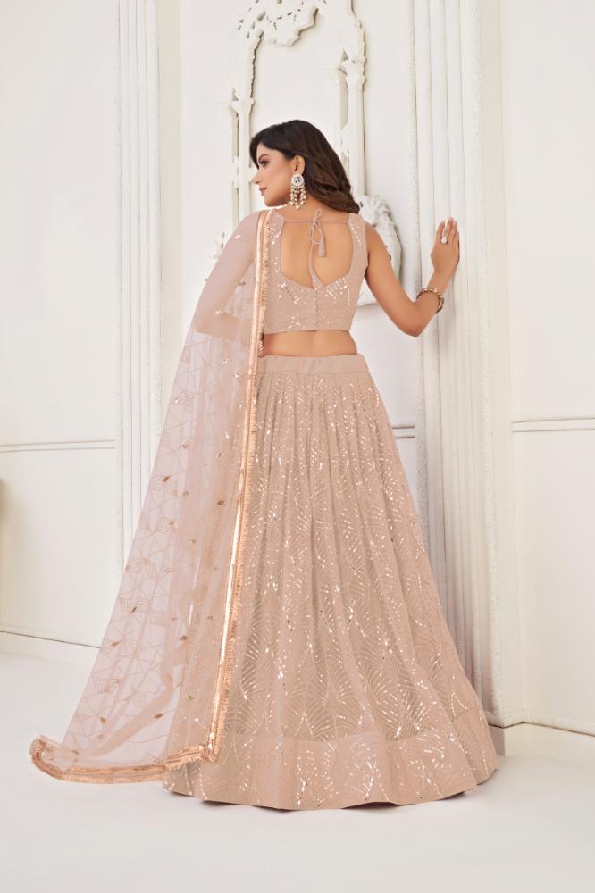 Aastha Fashion Peach Butterfly Net Tone To Tone Cotton Thread Work With Sequence Work Embroidery Wedding Wear Lehenga Choli