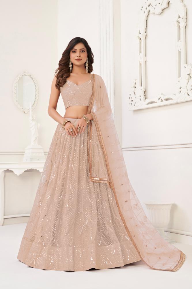 Aastha Fashion Peach Butterfly Net Tone To Tone Cotton Thread Work With Sequence Work Embroidery Wedding Wear Lehenga Choli
