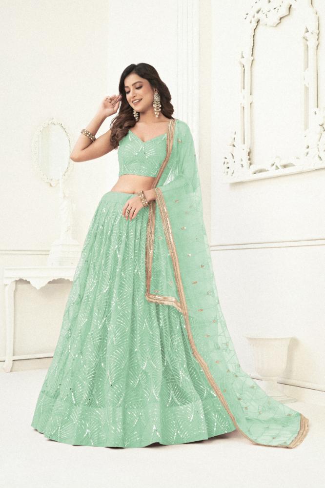 Aastha Fashion Sea Green Butterfly Net Tone To Tone Cotton Thread Work With Sequence Work Embroidery Wedding Wear Lehenga Choli