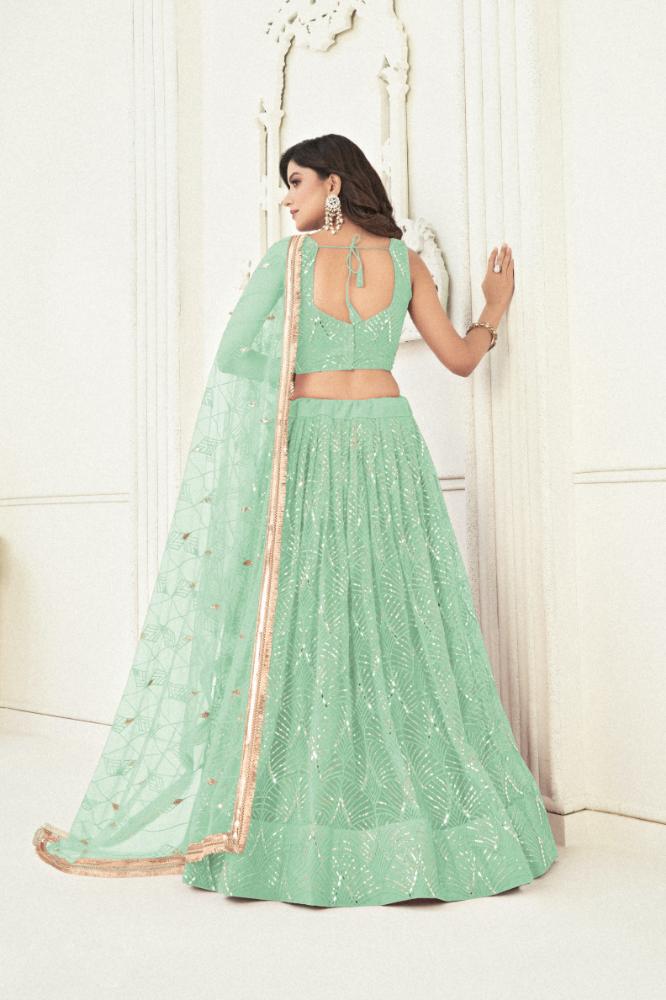 Aastha Fashion Sea Green Butterfly Net Tone To Tone Cotton Thread Work With Sequence Work Embroidery Wedding Wear Lehenga Choli