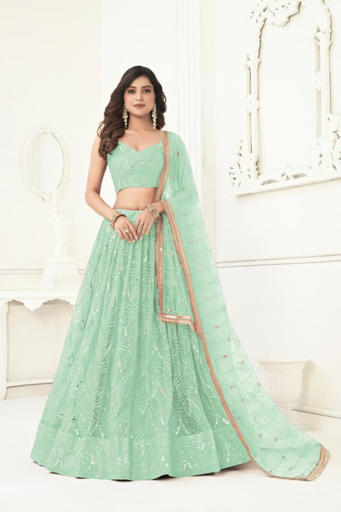 Aastha Fashion Sea Green Butterfly Net Tone To Tone Cotton Thread Work With Sequence Work Embroidery Wedding Wear Lehenga Choli