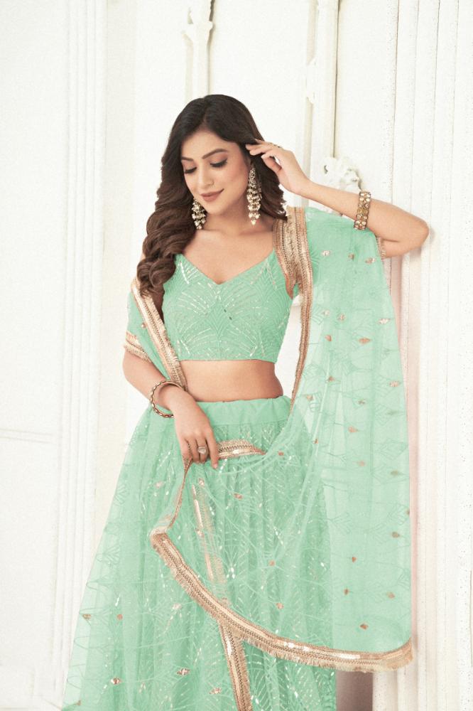 Aastha Fashion Sea Green Butterfly Net Tone To Tone Cotton Thread Work With Sequence Work Embroidery Wedding Wear Lehenga Choli