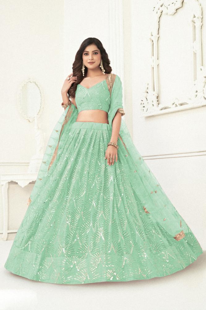Aastha Fashion Sea Green Butterfly Net Tone To Tone Cotton Thread Work With Sequence Work Embroidery Wedding Wear Lehenga Choli