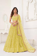 Aastha Fashion Lemon Yellow Butterfly Net Tone To Tone Cotton Thread Work With Sequence Work Embroidery Wedding Wear Lehenga Choli