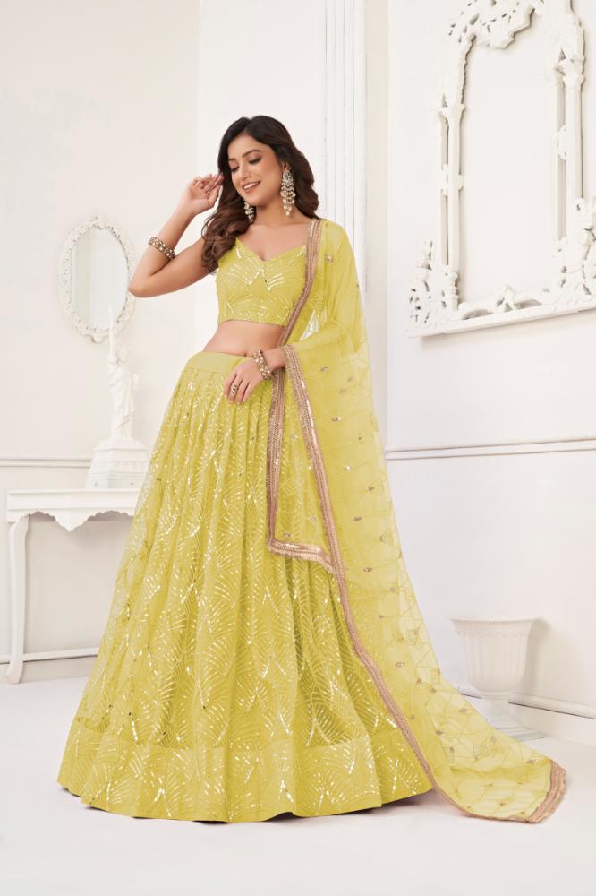 Aastha Fashion Lemon Yellow Butterfly Net Tone To Tone Cotton Thread Work With Sequence Work Embroidery Wedding Wear Lehenga Choli
