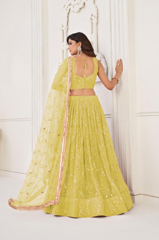 Aastha Fashion Lemon Yellow Butterfly Net Tone To Tone Cotton Thread Work With Sequence Work Embroidery Wedding Wear Lehenga Choli
