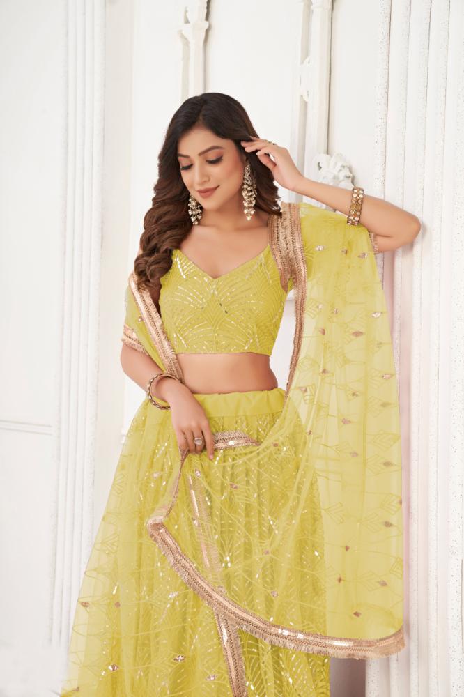 Aastha Fashion Lemon Yellow Butterfly Net Tone To Tone Cotton Thread Work With Sequence Work Embroidery Wedding Wear Lehenga Choli
