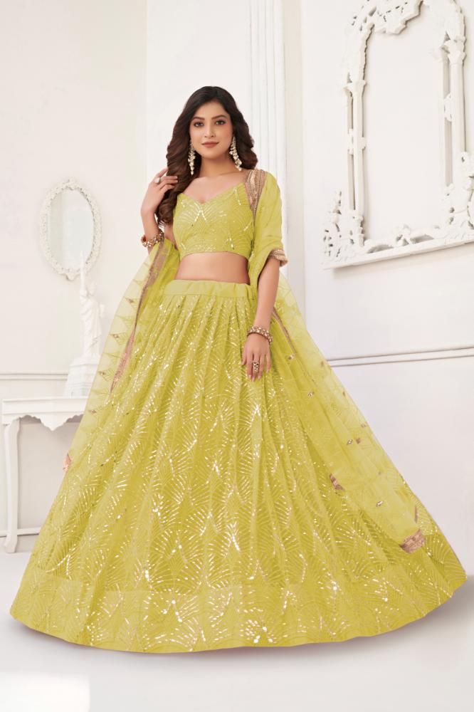Aastha Fashion Lemon Yellow Butterfly Net Tone To Tone Cotton Thread Work With Sequence Work Embroidery Wedding Wear Lehenga Choli