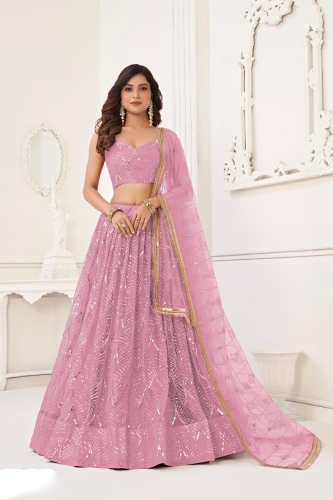 Aastha Fashion Dusty Pink Butterfly Net Tone To Tone Cotton Thread Work With Sequence Work Embroidery Wedding Wear Lehenga Choli