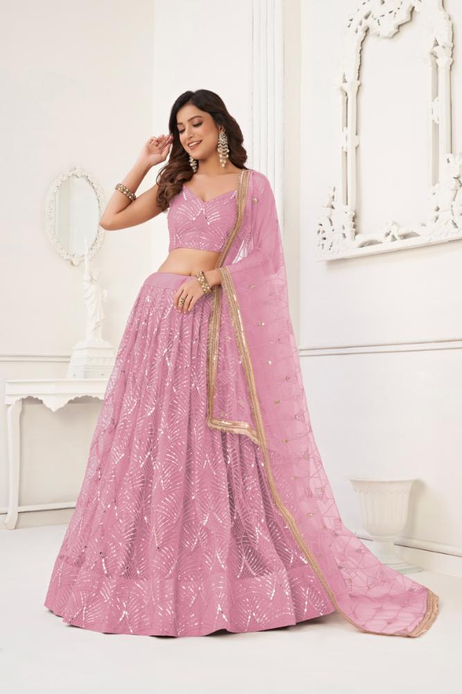Aastha Fashion Dusty Pink Butterfly Net Tone To Tone Cotton Thread Work With Sequence Work Embroidery Wedding Wear Lehenga Choli