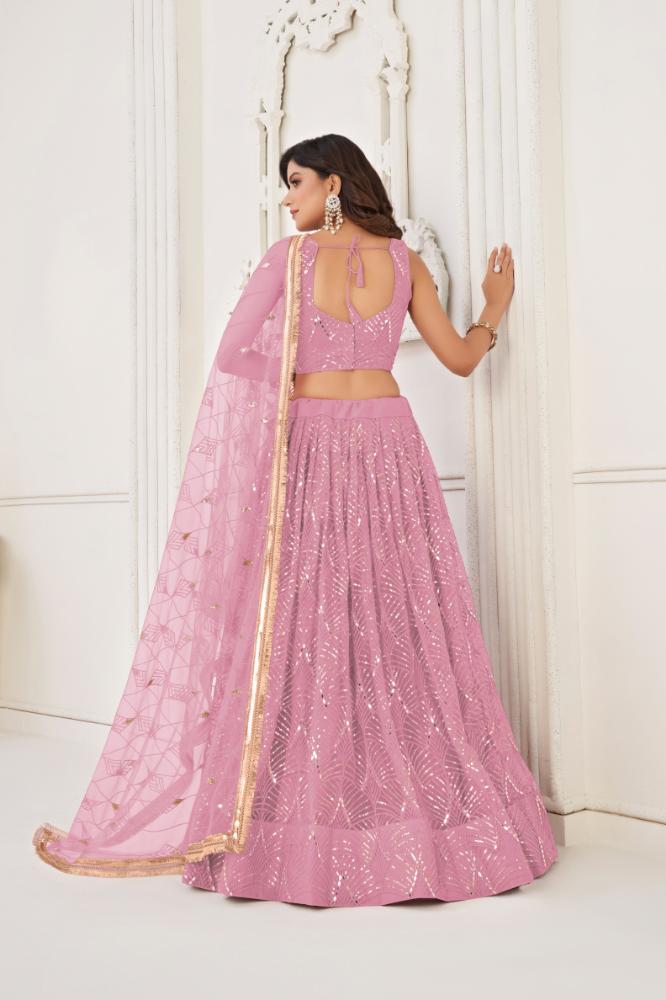 Aastha Fashion Dusty Pink Butterfly Net Tone To Tone Cotton Thread Work With Sequence Work Embroidery Wedding Wear Lehenga Choli