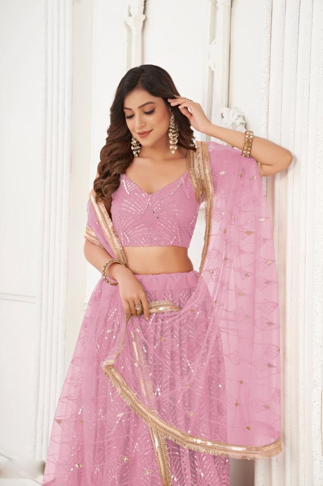 Aastha Fashion Dusty Pink Butterfly Net Tone To Tone Cotton Thread Work With Sequence Work Embroidery Wedding Wear Lehenga Choli