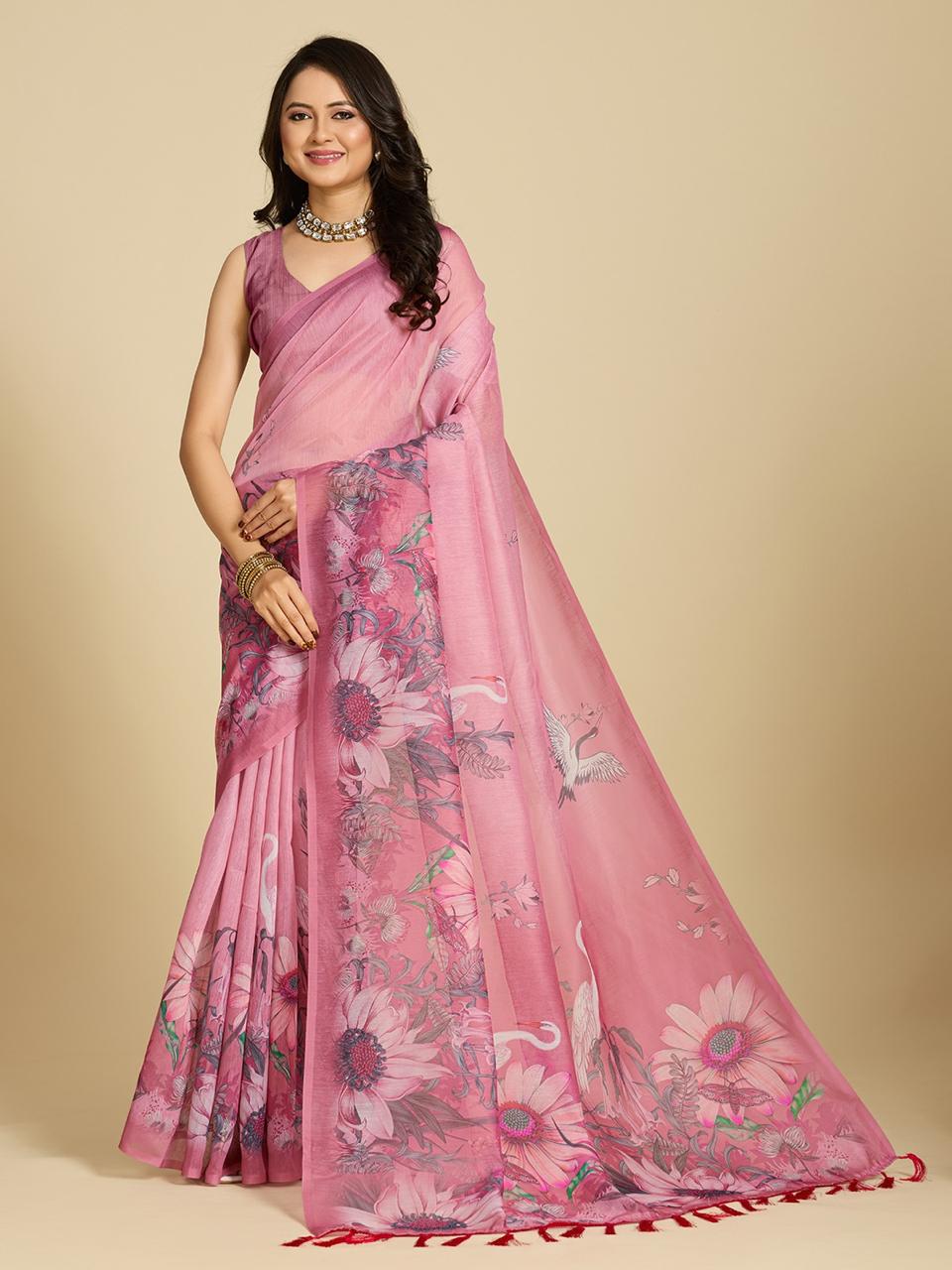 Aastha Fashion Pink Chanderi Cotton Silk Printed Saree