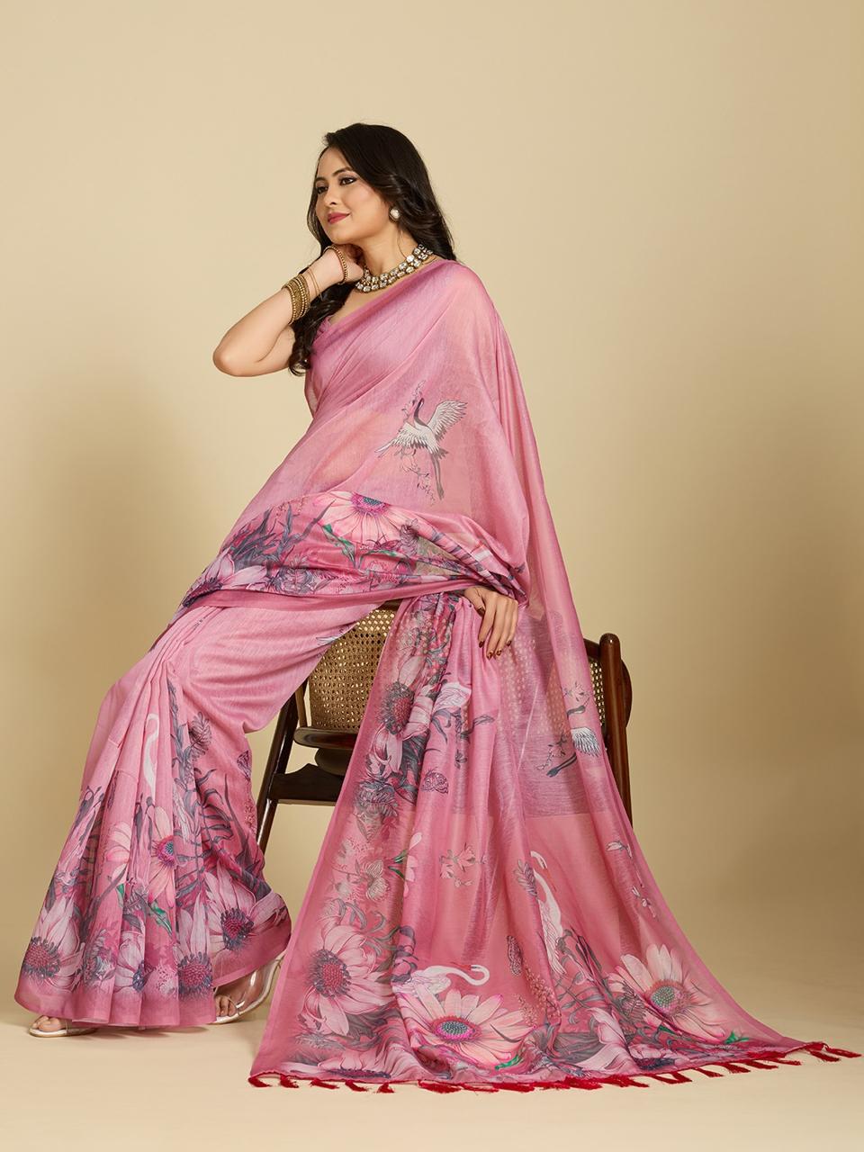 Aastha Fashion Pink Chanderi Cotton Silk Printed Saree