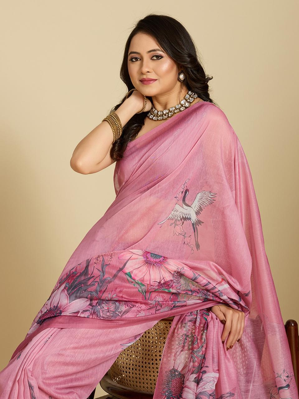 Aastha Fashion Pink Chanderi Cotton Silk Printed Saree