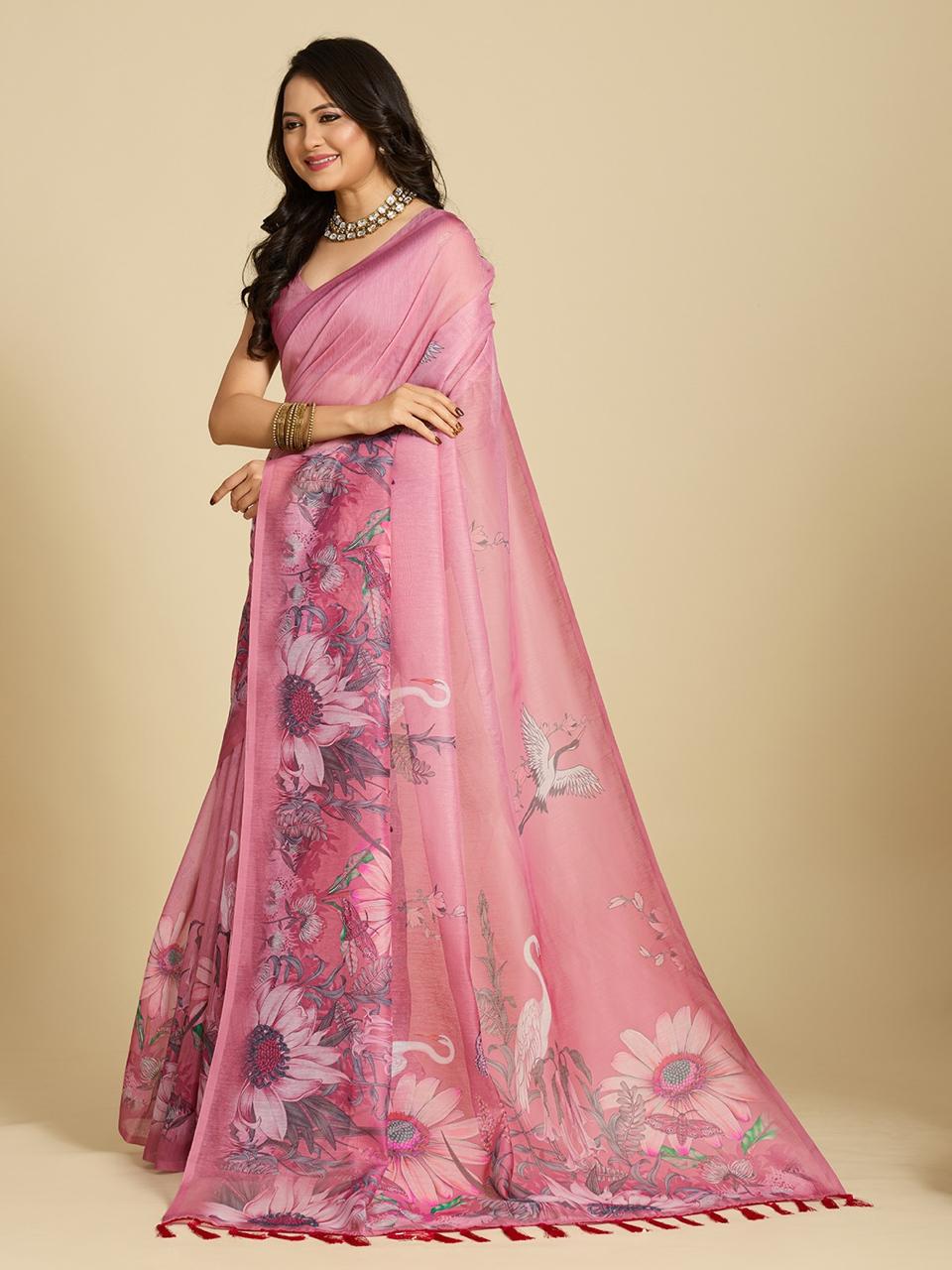 Aastha Fashion Pink Chanderi Cotton Silk Printed Saree