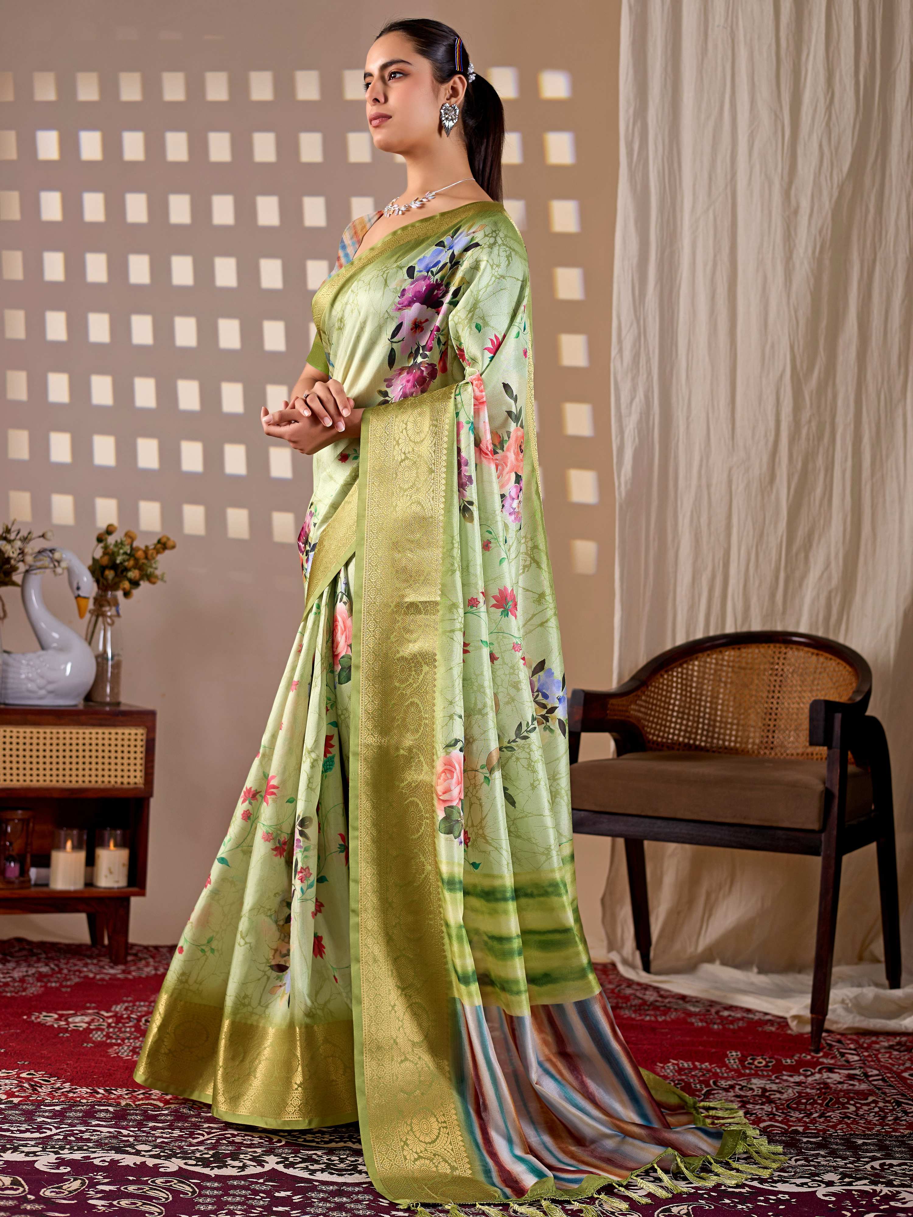 Aastha Fashion Green Soft Lichi Silk Printed Saree
