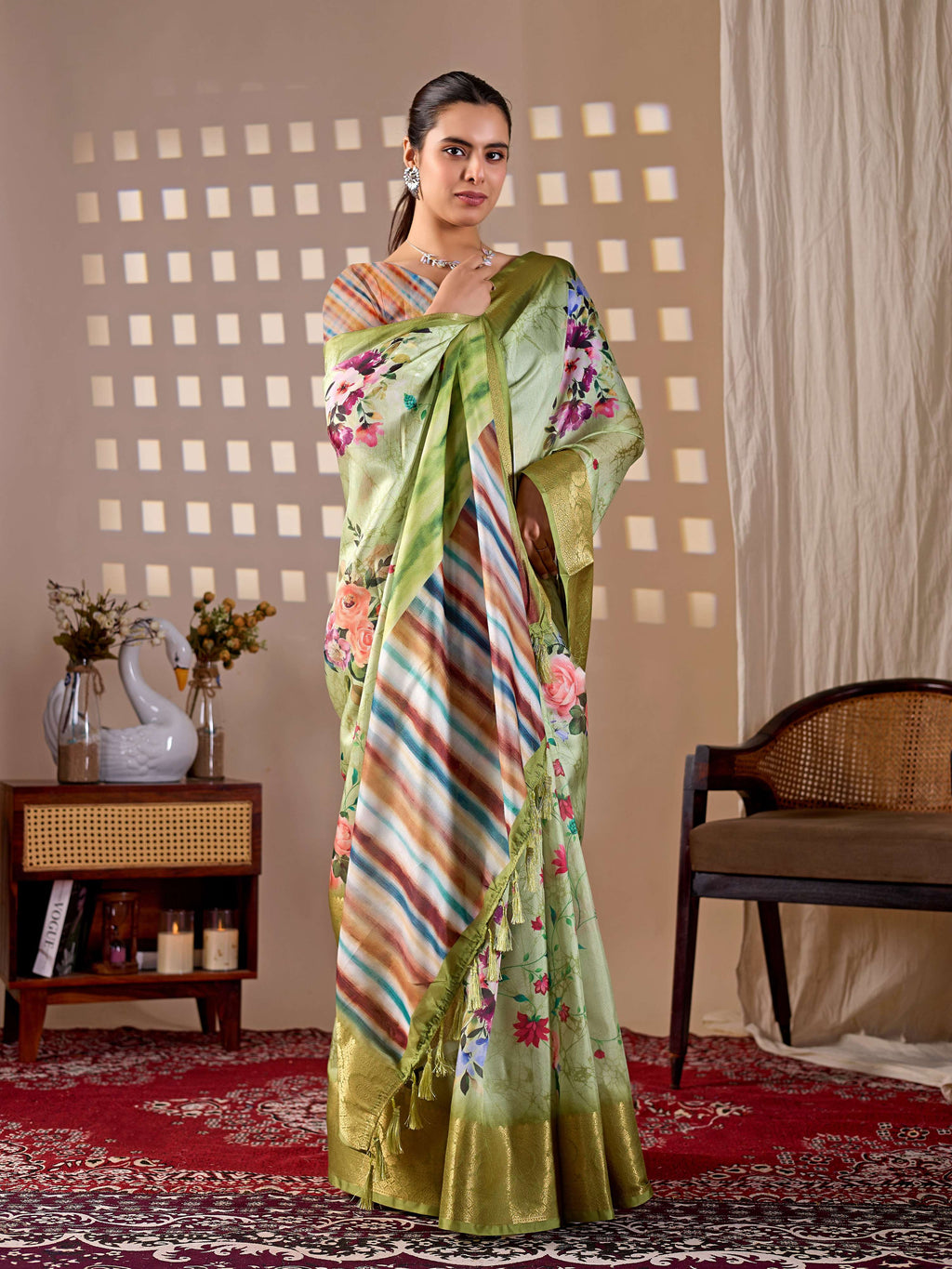 Aastha Fashion Green Soft Lichi Silk Printed Saree