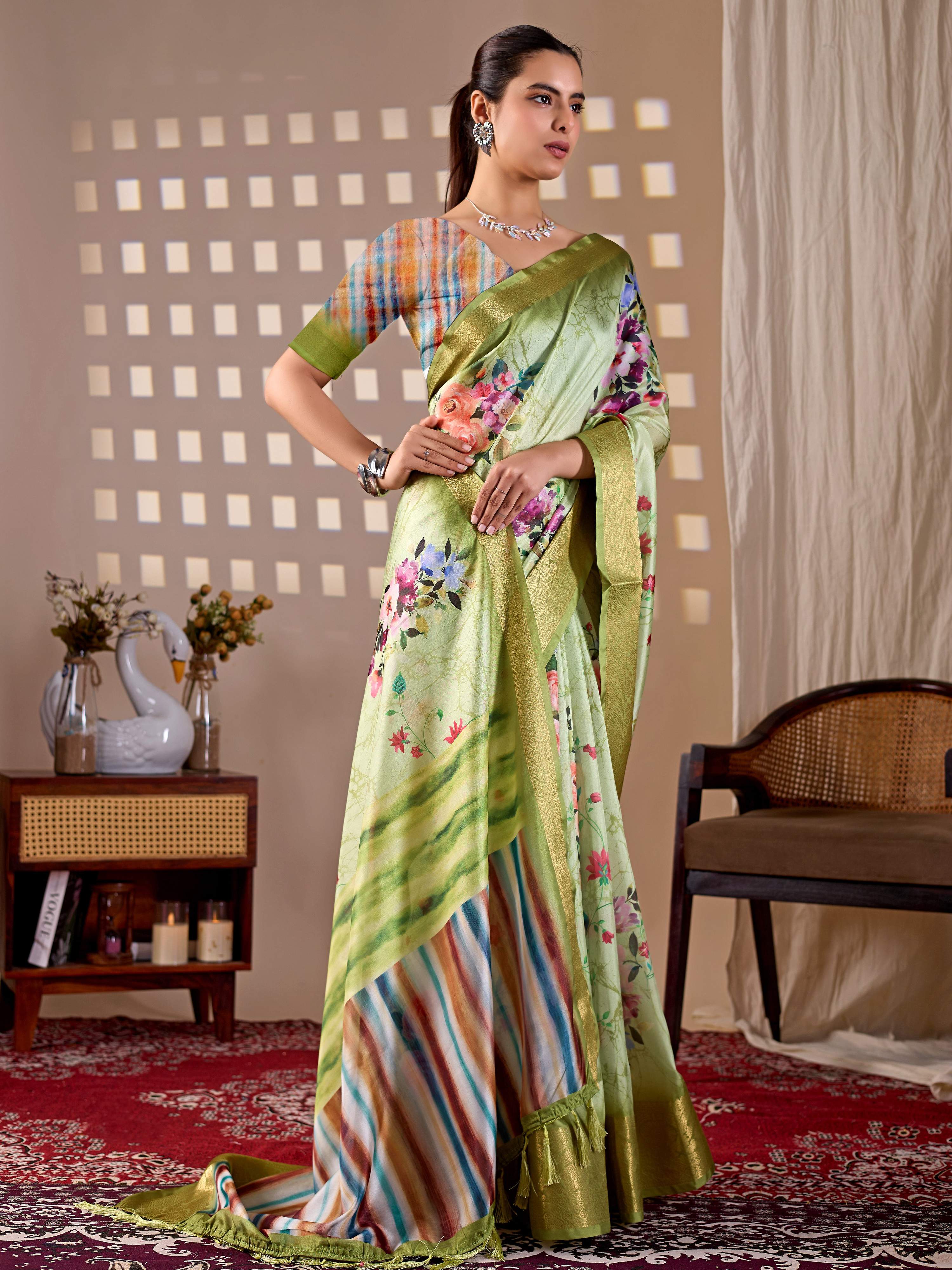 Aastha Fashion Green Soft Lichi Silk Printed Saree