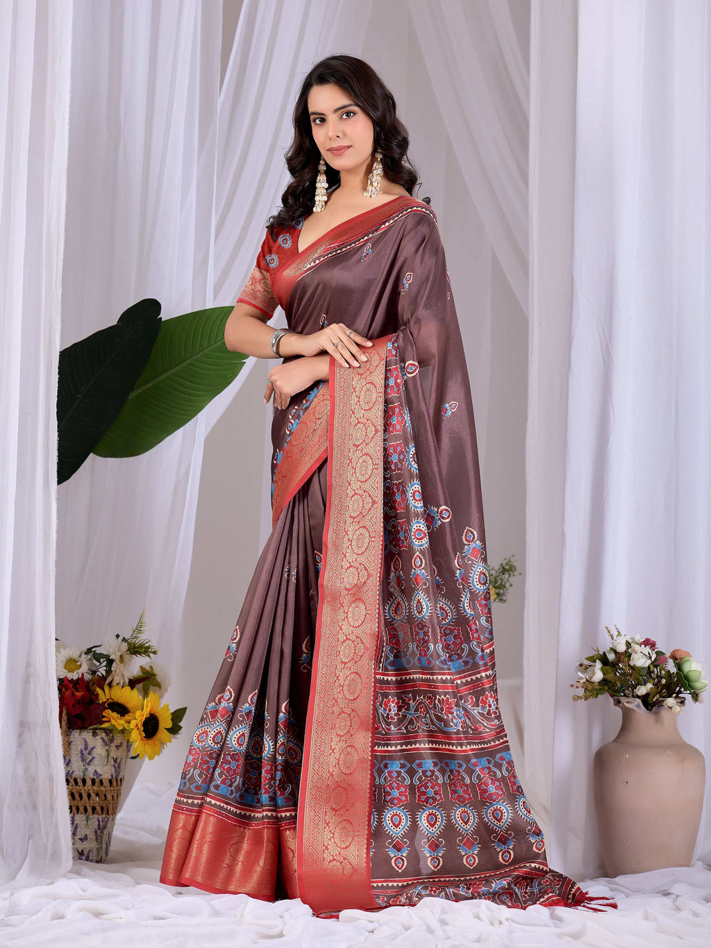 Aastha Fashion Light Brown Soft Lichi Silk Printed Saree