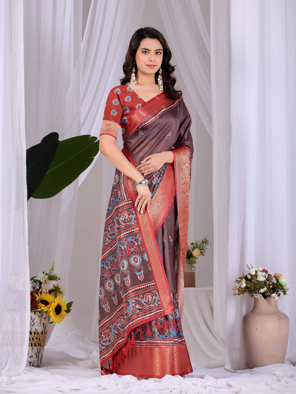 Aastha Fashion Light Brown Soft Lichi Silk Printed Saree