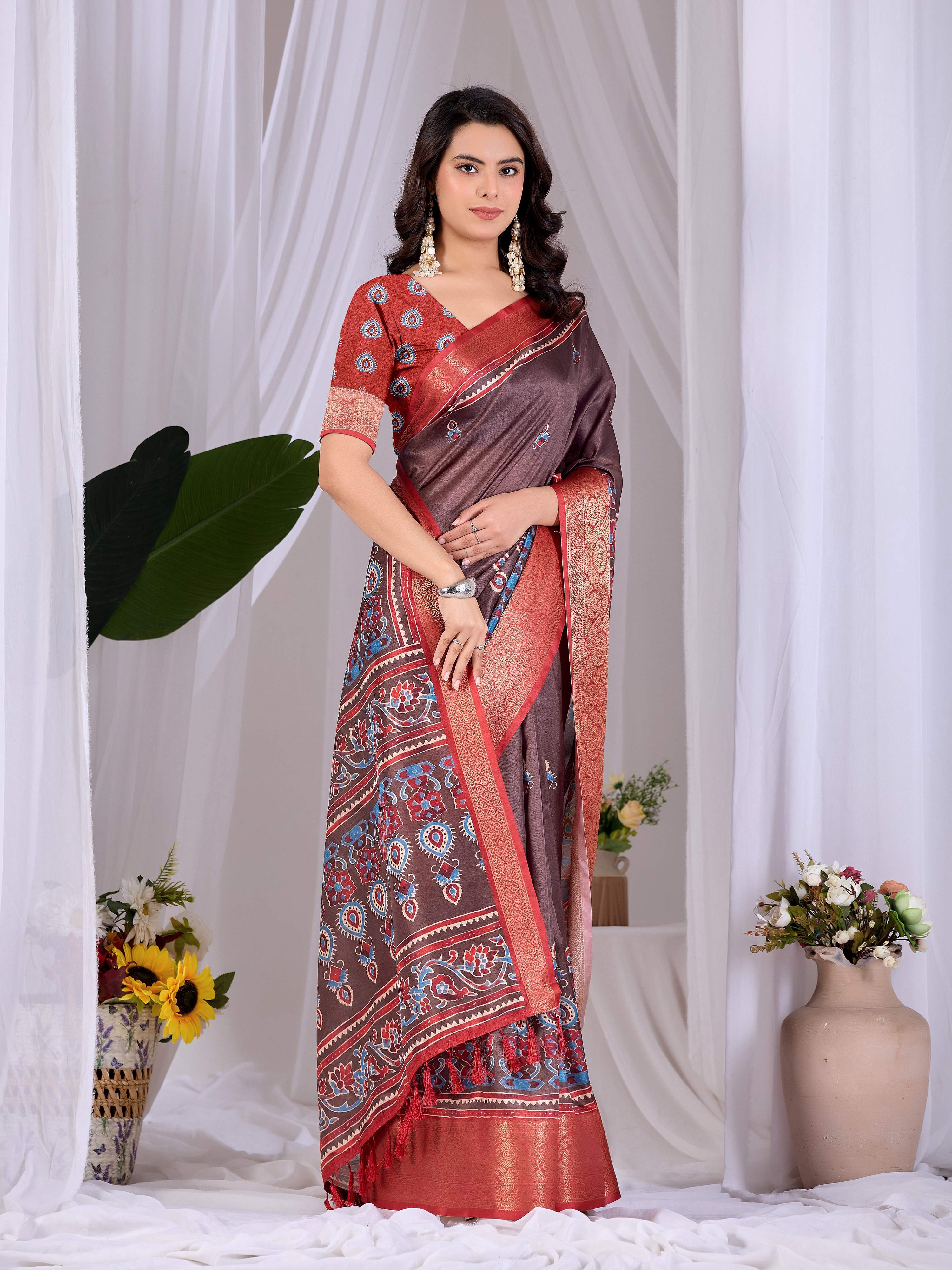 Aastha Fashion Light Brown Soft Lichi Silk Printed Saree