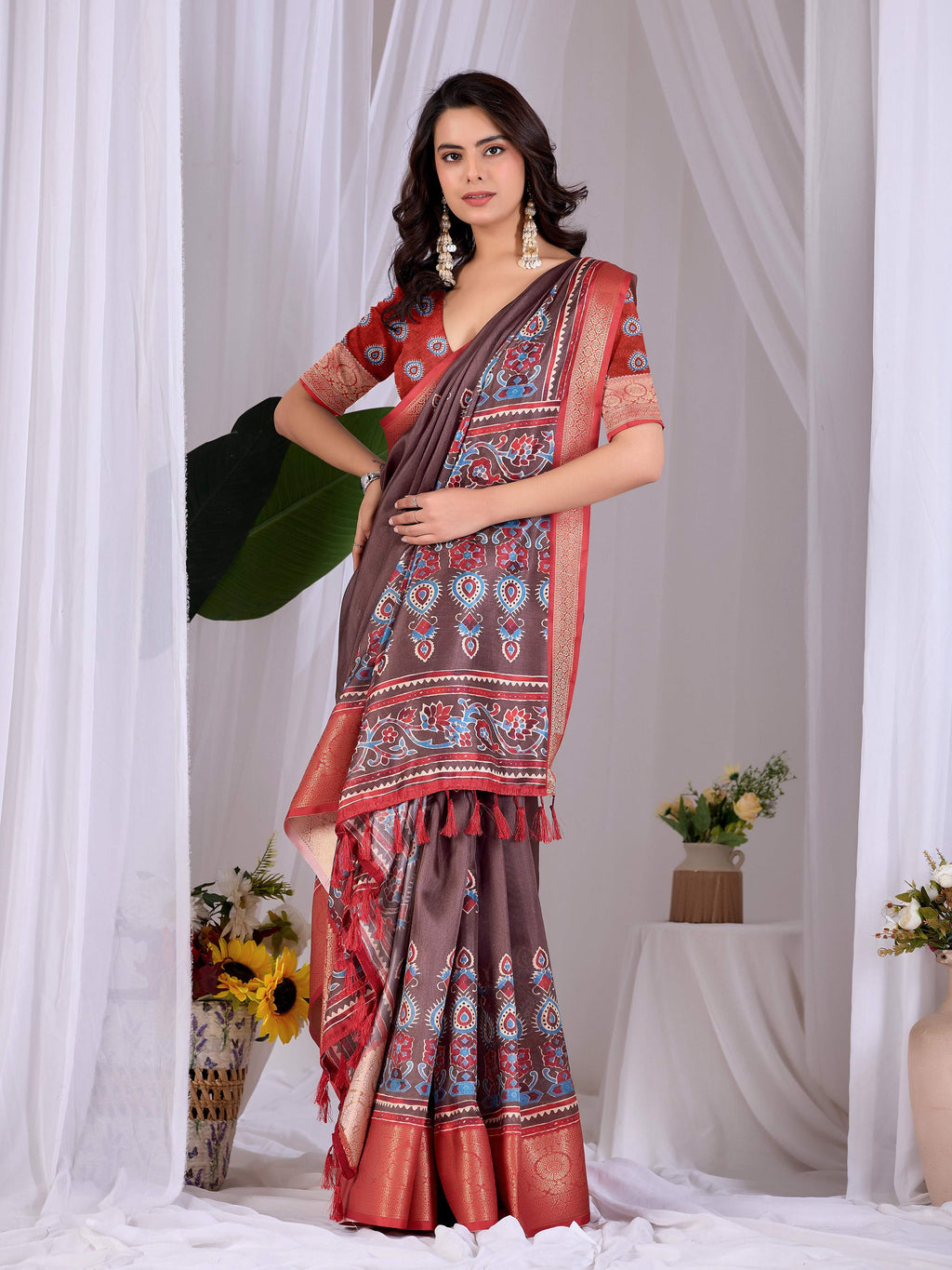 Aastha Fashion Light Brown Soft Lichi Silk Printed Saree