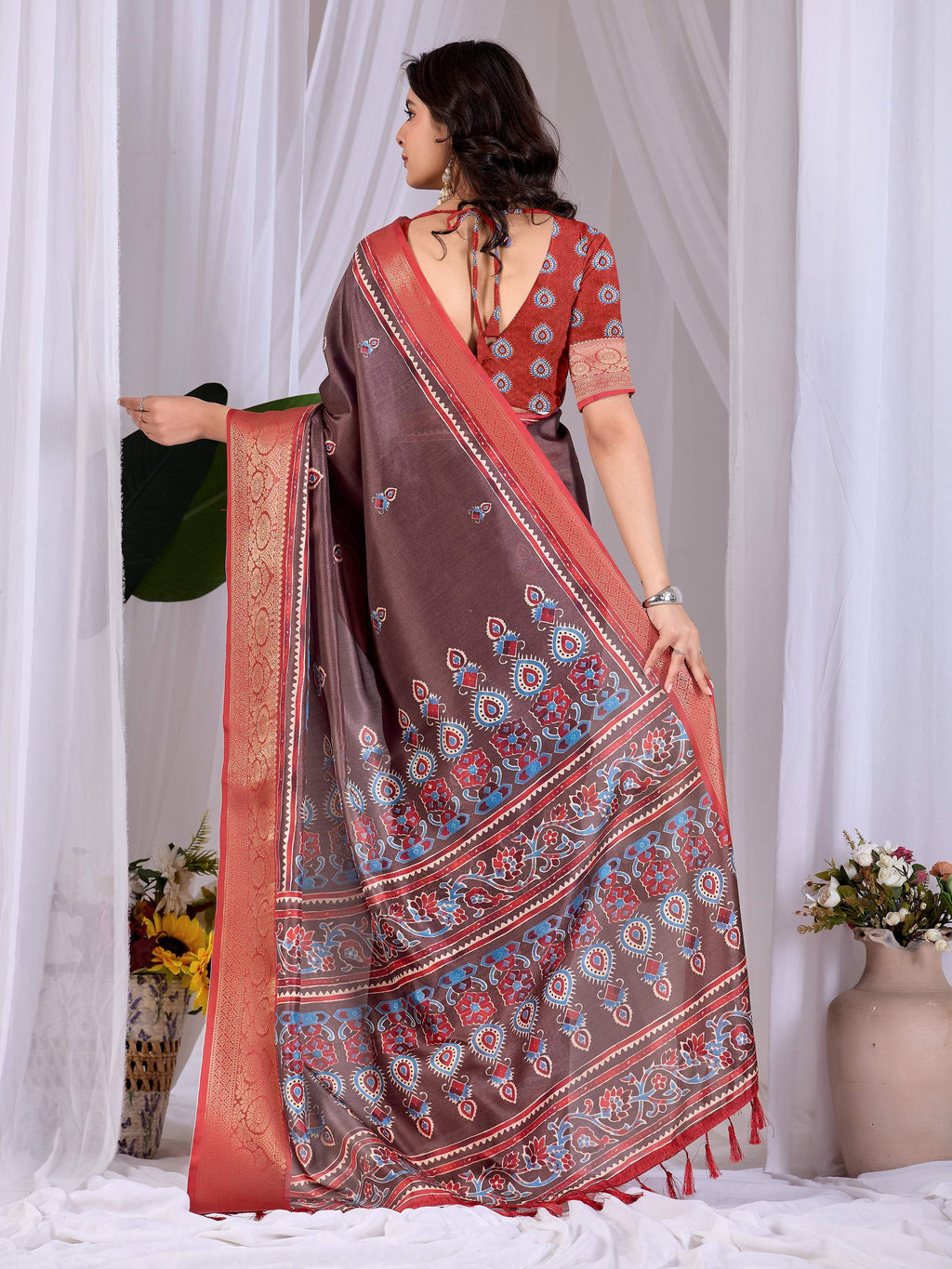 Aastha Fashion Light Brown Soft Lichi Silk Printed Saree