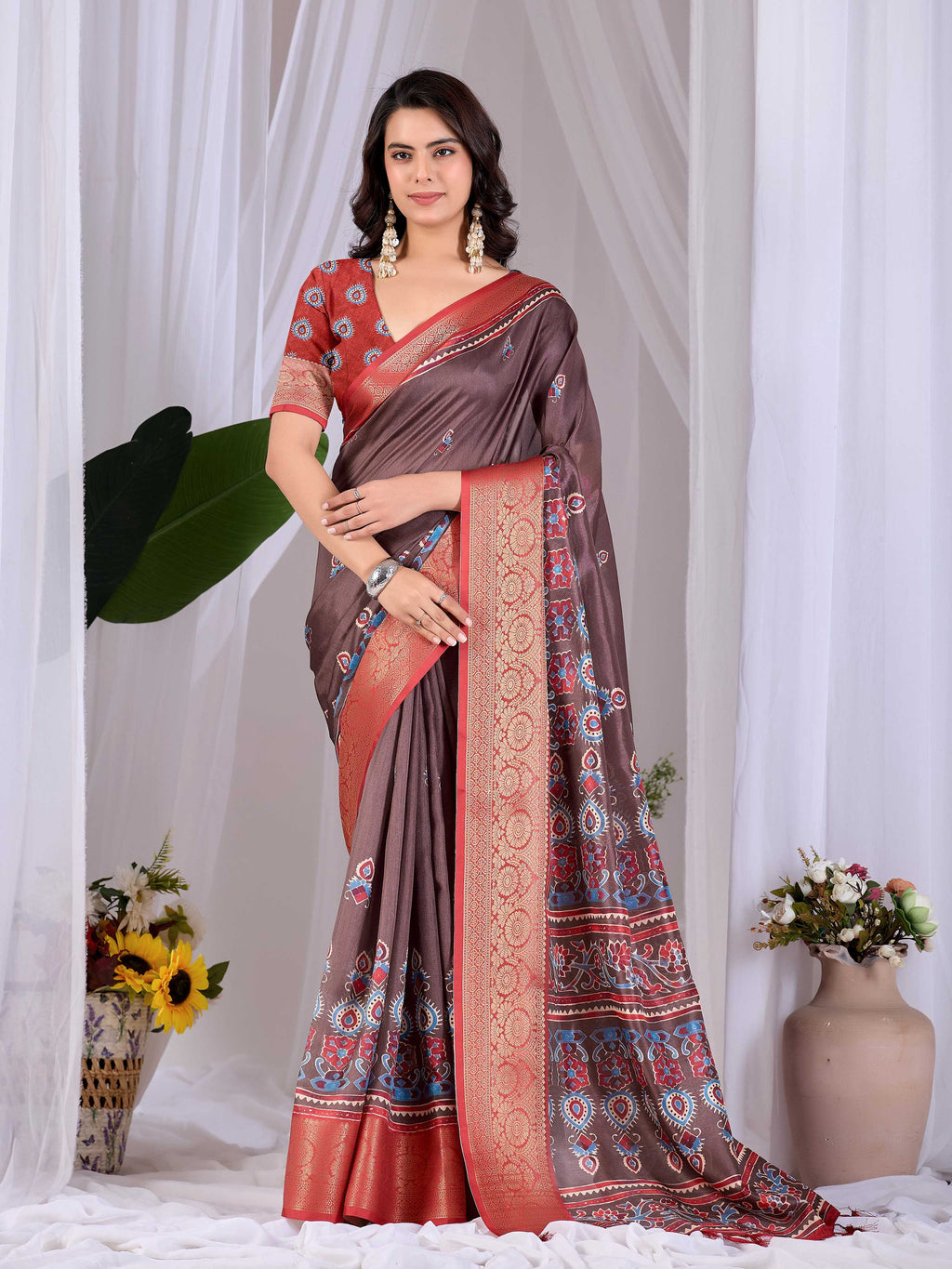 Aastha Fashion Light Brown Soft Lichi Silk Printed Saree