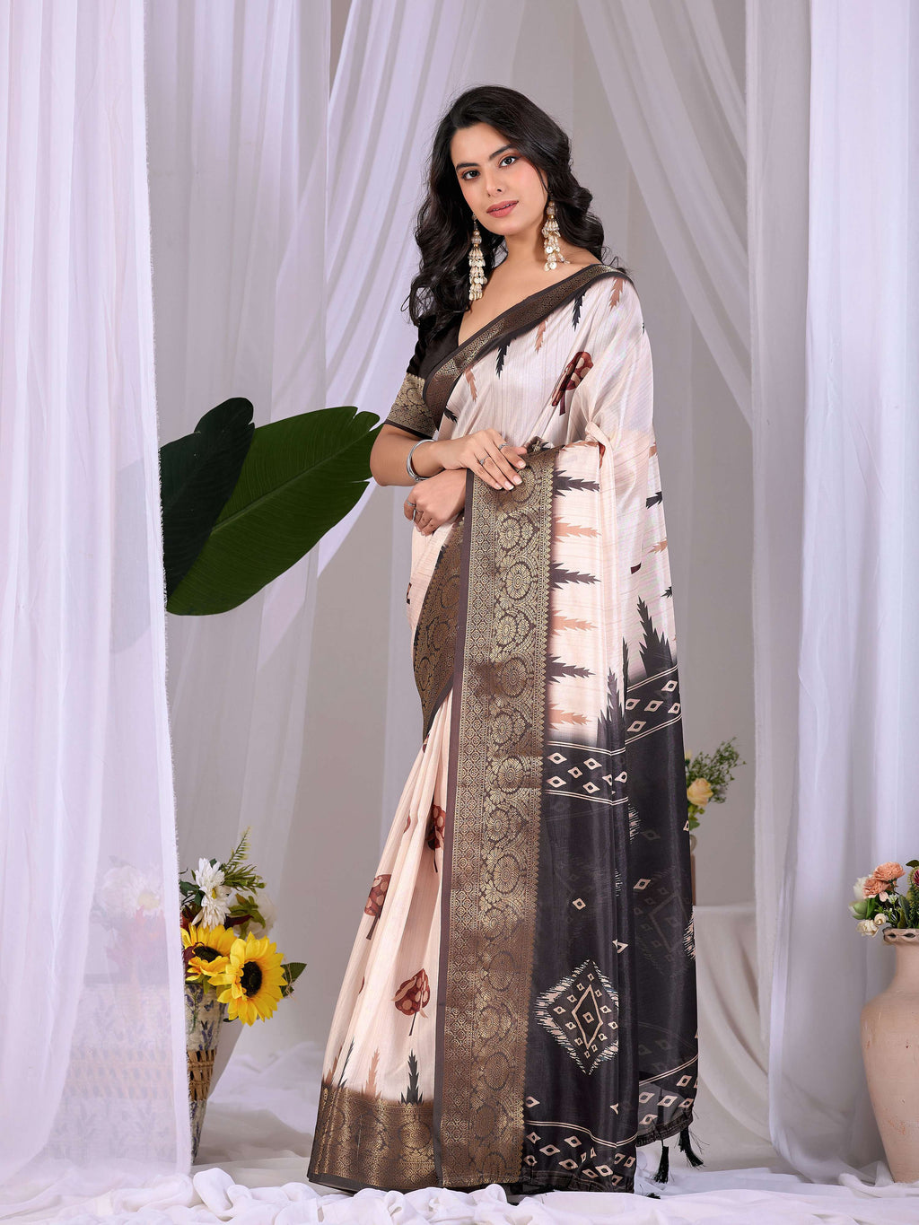 Aastha Fashion Cream Soft Lichi Silk Printed Saree