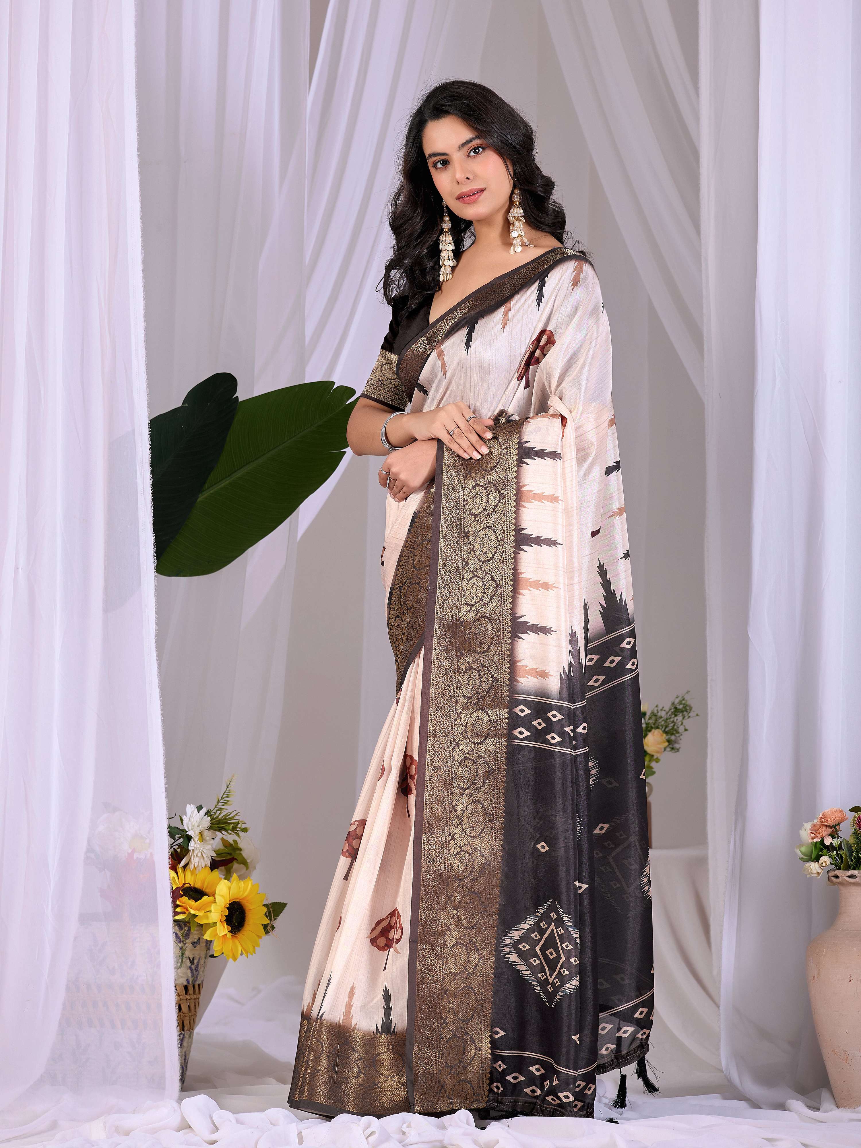 Aastha Fashion Cream Soft Lichi Silk Printed Saree