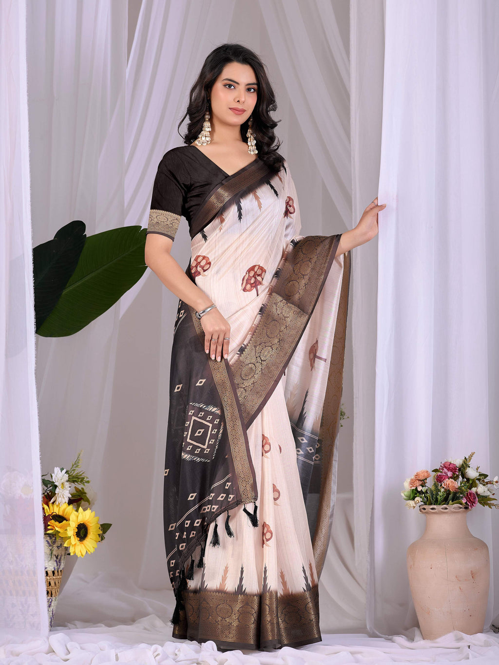 Aastha Fashion Cream Soft Lichi Silk Printed Saree
