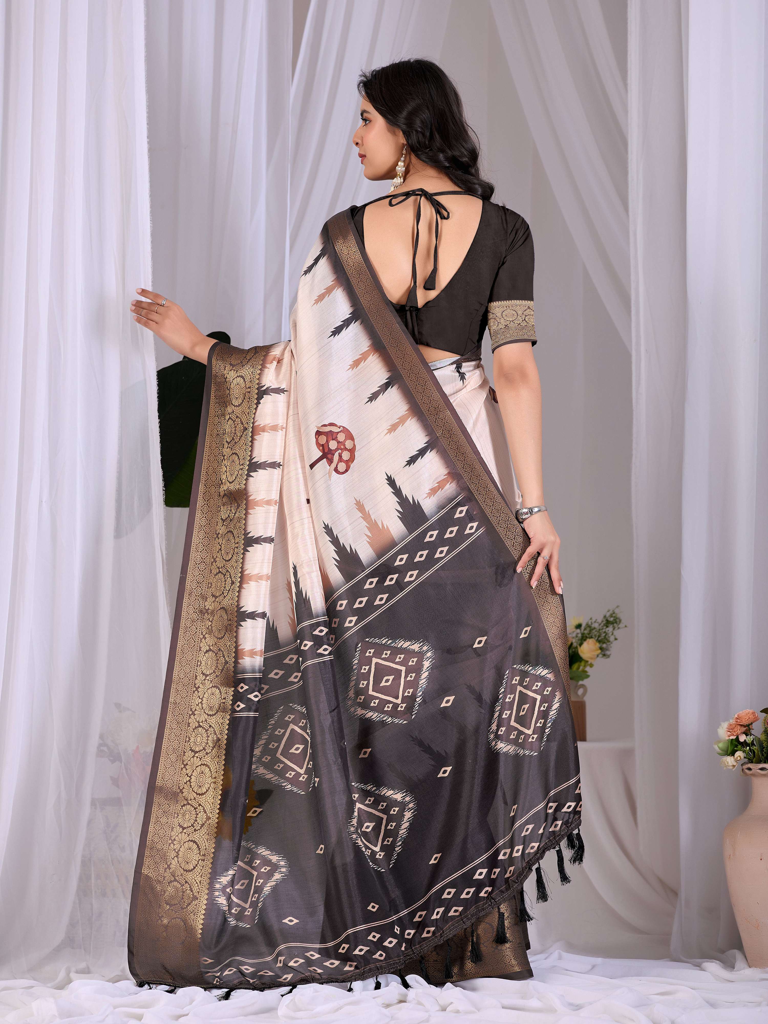 Aastha Fashion Cream Soft Lichi Silk Printed Saree