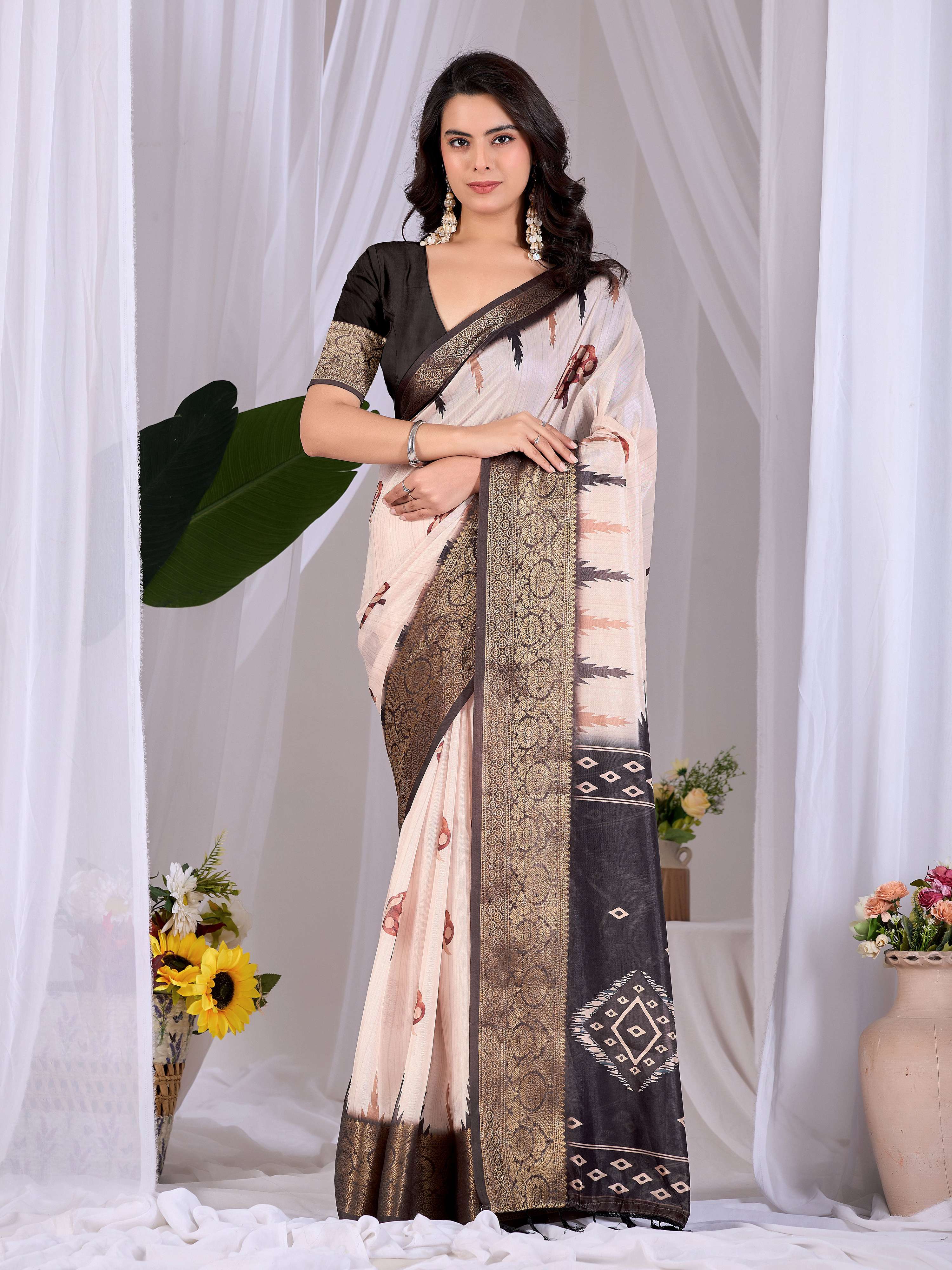 Aastha Fashion Cream Soft Lichi Silk Printed Saree
