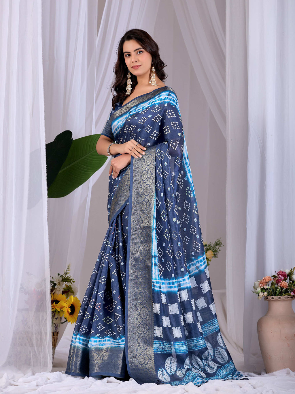 Aastha Fashion Navy Blue Soft Lichi Silk Printed Saree