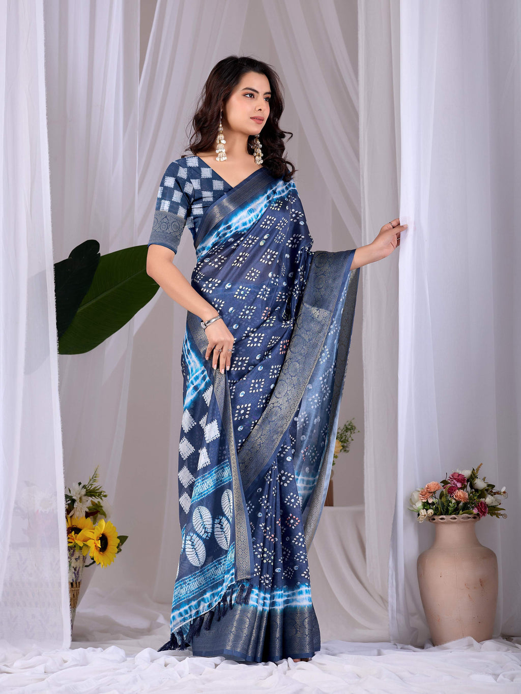 Aastha Fashion Navy Blue Soft Lichi Silk Printed Saree