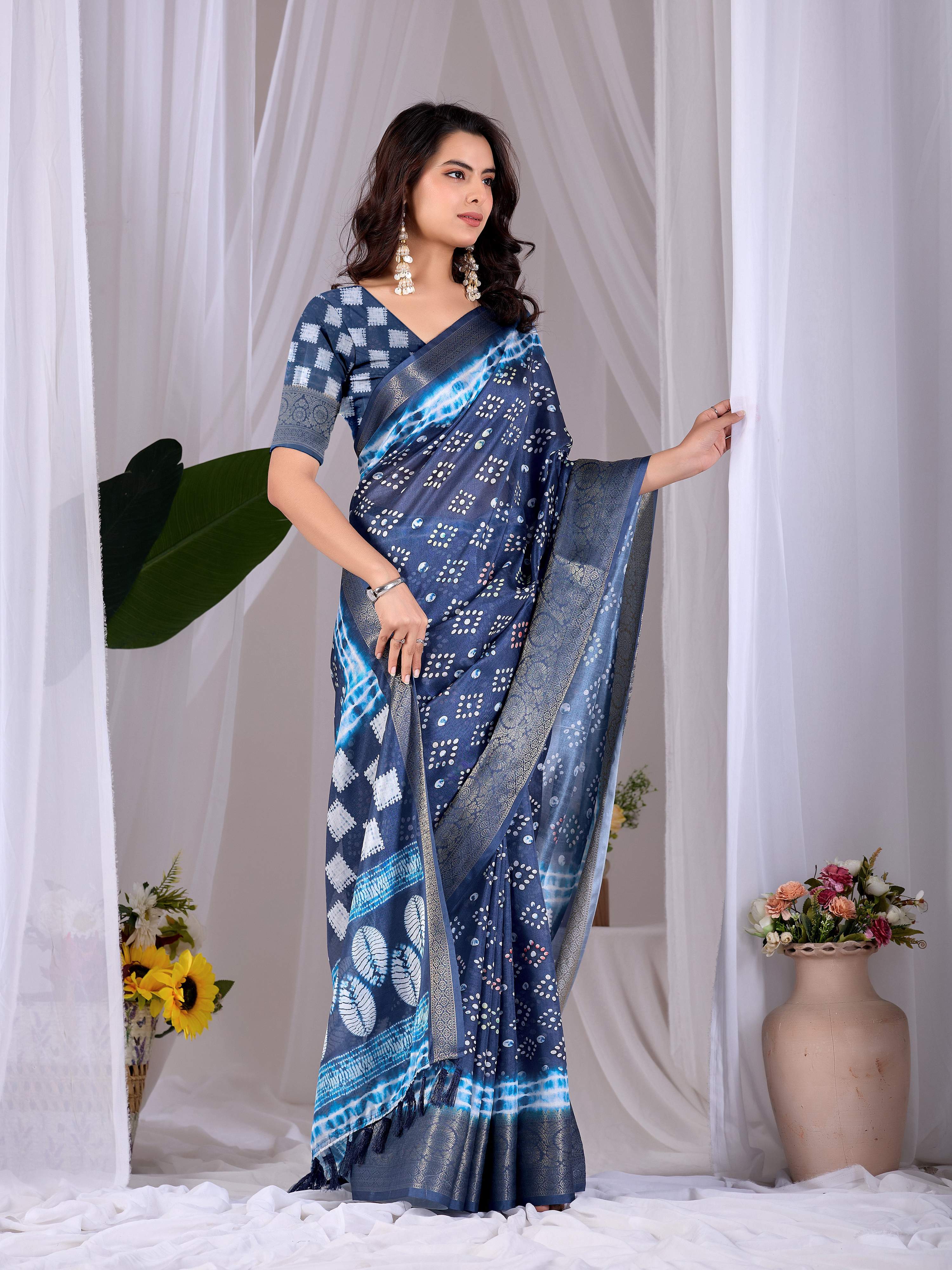 Aastha Fashion Navy Blue Soft Lichi Silk Printed Saree