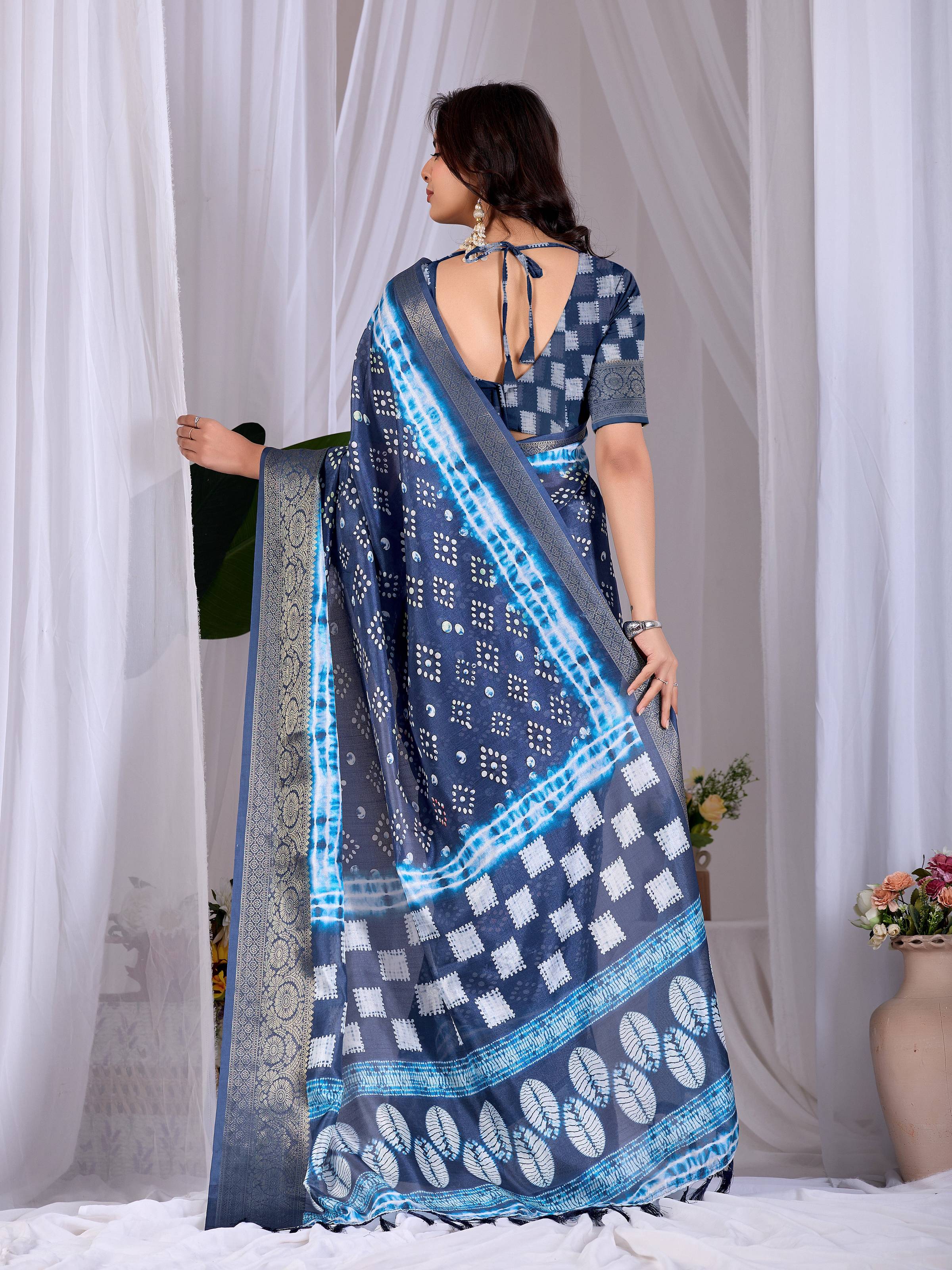 Aastha Fashion Navy Blue Soft Lichi Silk Printed Saree