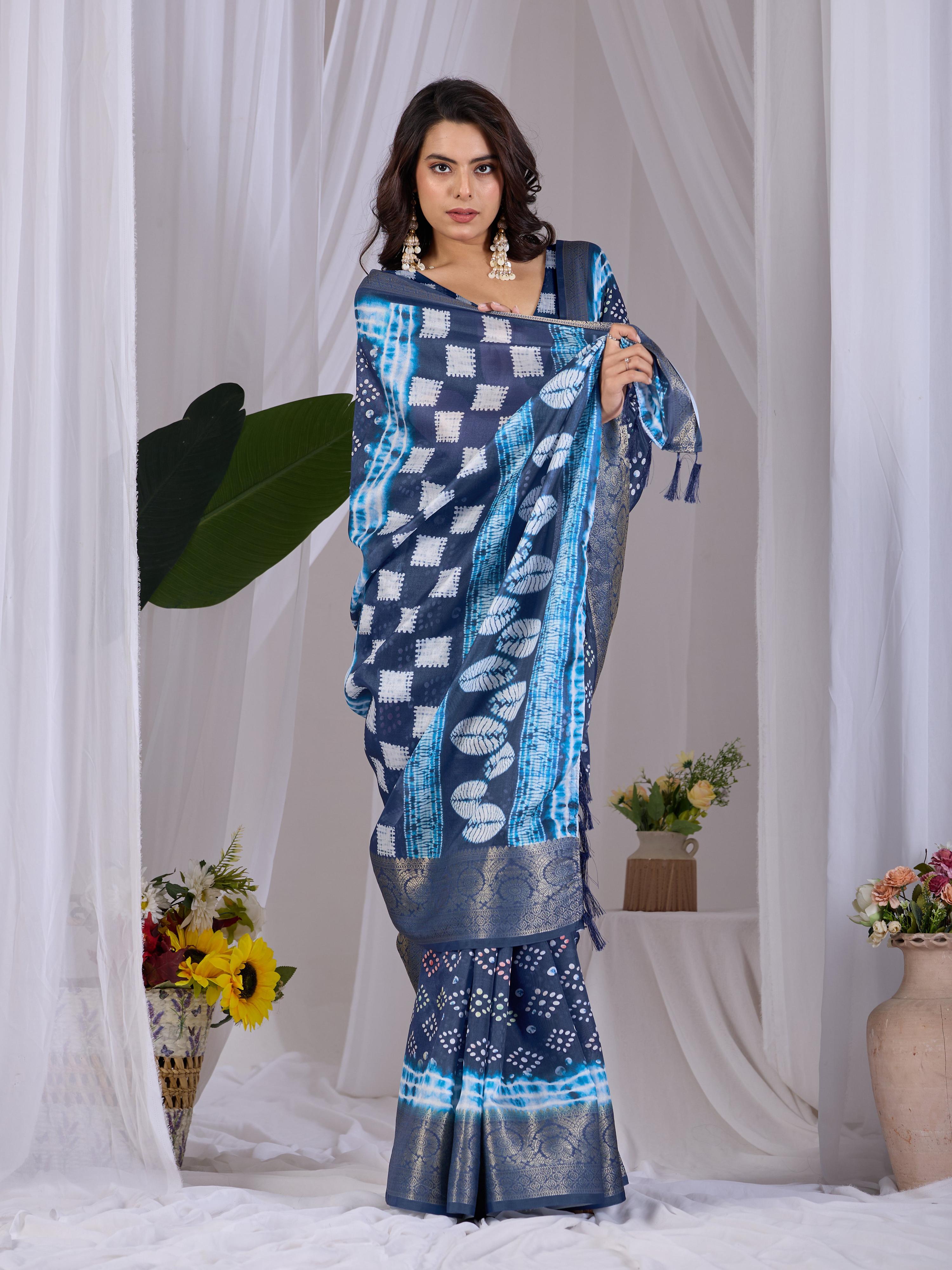 Aastha Fashion Navy Blue Soft Lichi Silk Printed Saree