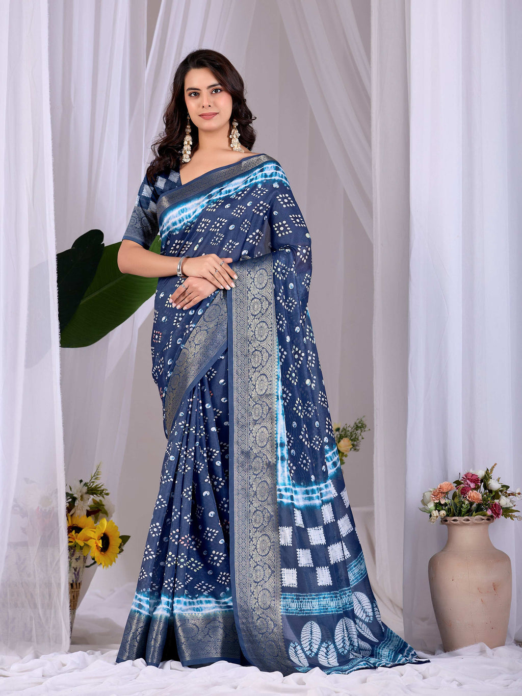 Aastha Fashion Navy Blue Soft Lichi Silk Printed Saree