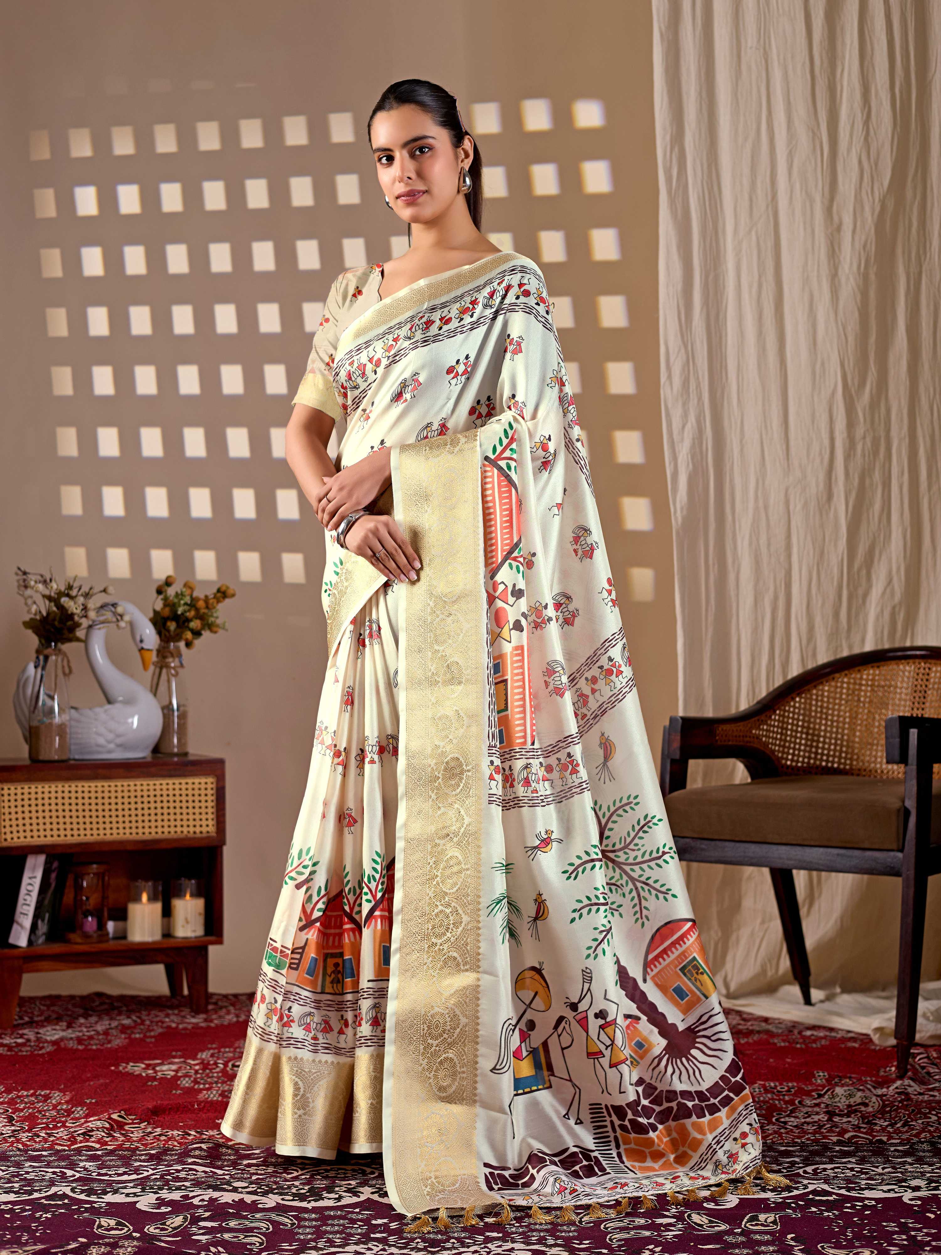 Aastha Fashion Cream Soft Lichi Silk Printed Saree