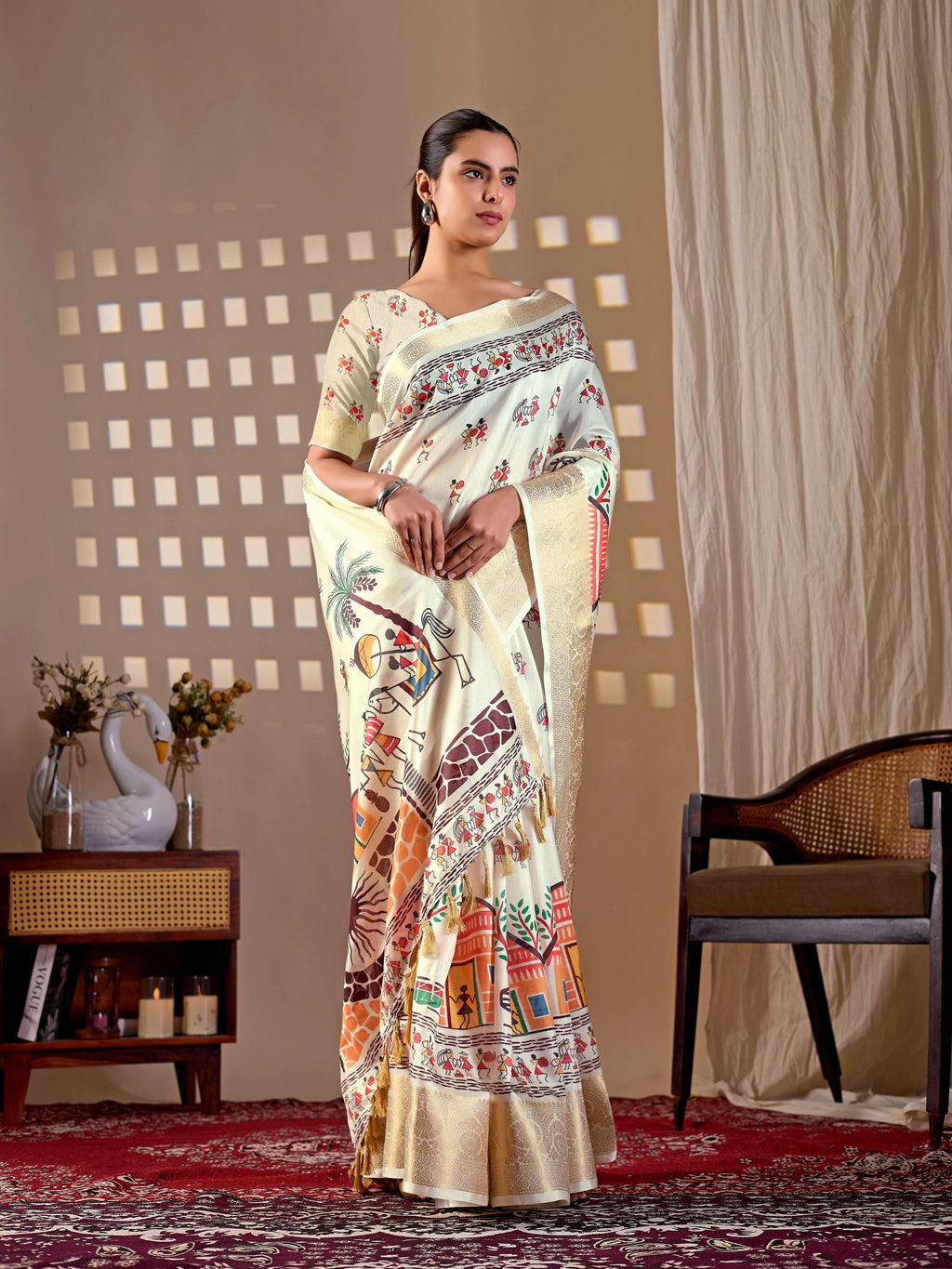 Aastha Fashion Cream Soft Lichi Silk Printed Saree