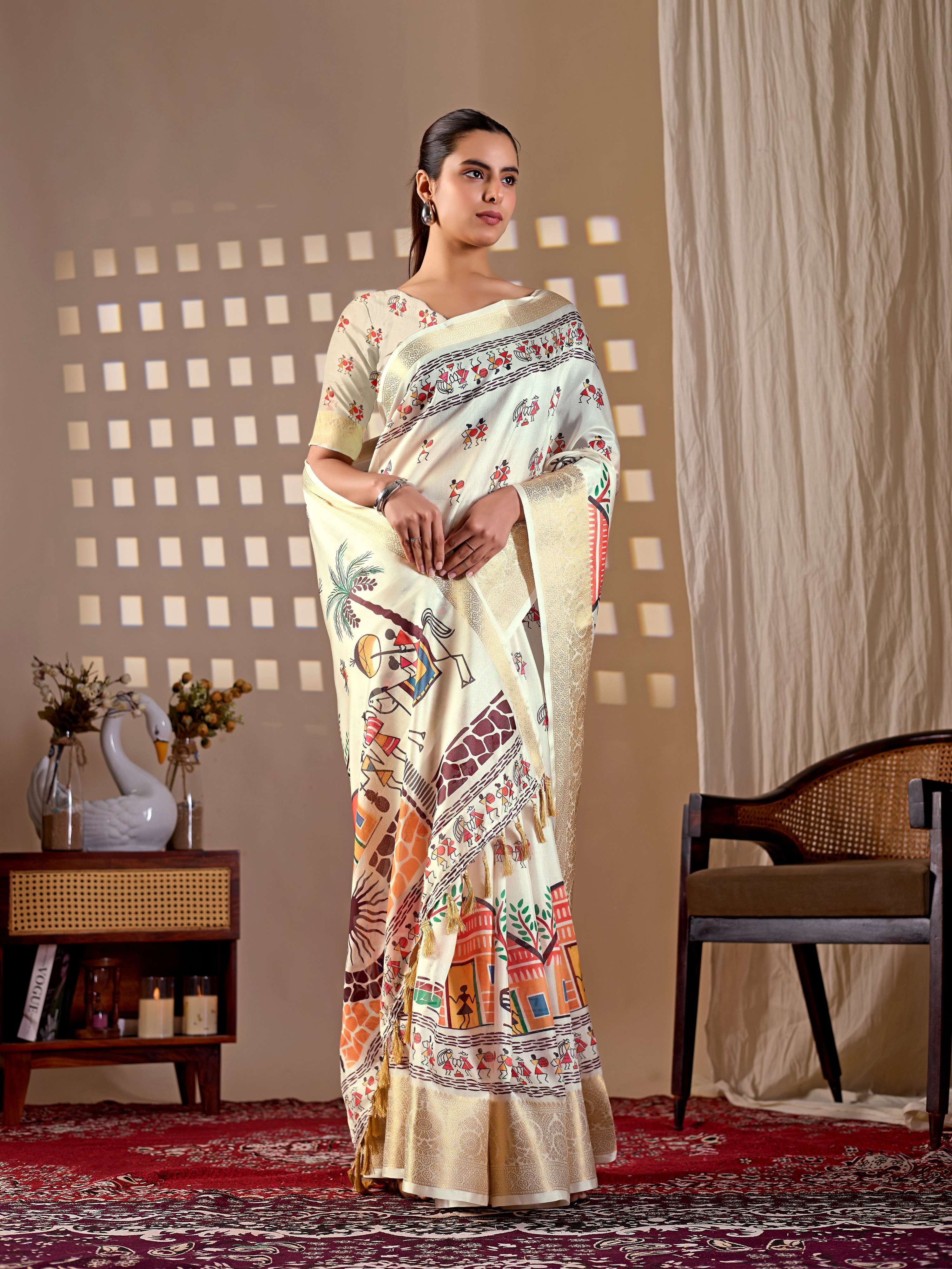Aastha Fashion Cream Soft Lichi Silk Printed Saree