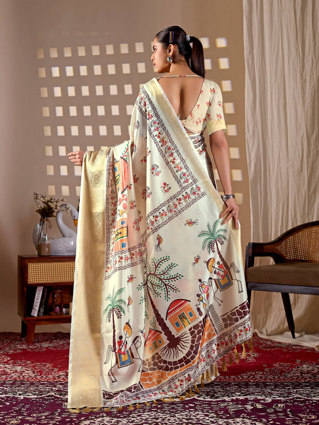 Aastha Fashion Cream Soft Lichi Silk Printed Saree