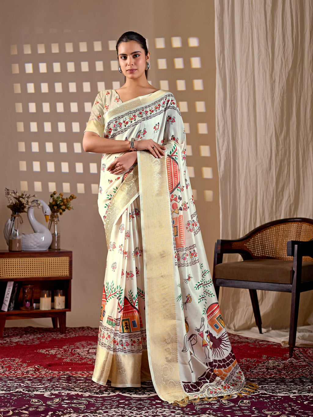 Aastha Fashion Cream Soft Lichi Silk Printed Saree