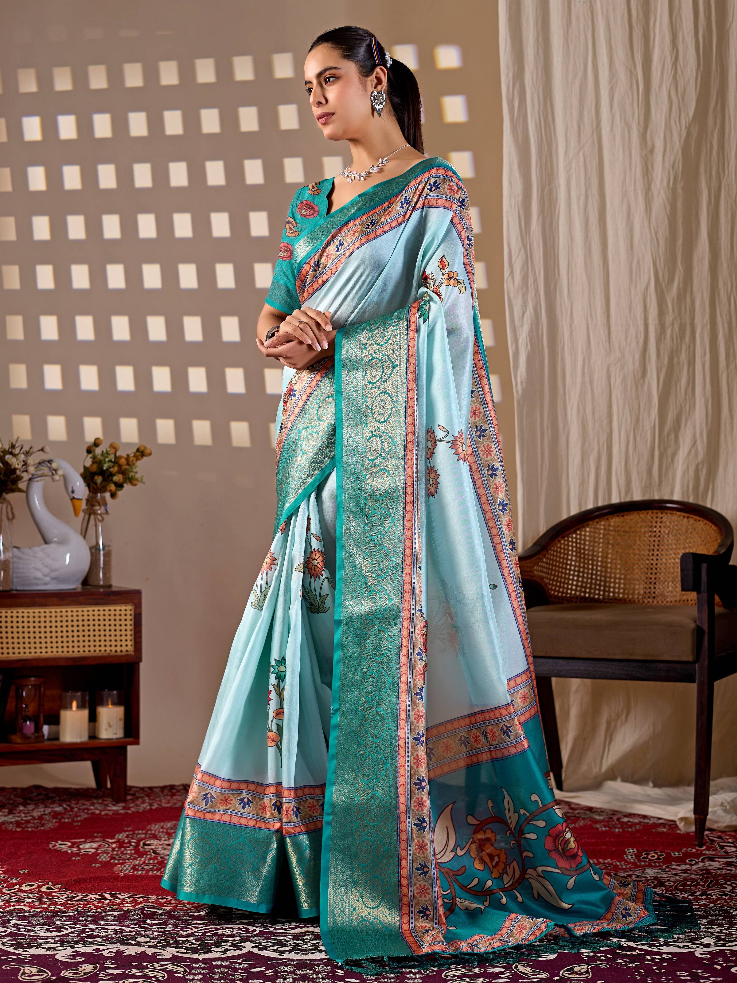 Aastha Fashion Aqua Soft Lichi Silk Printed Saree