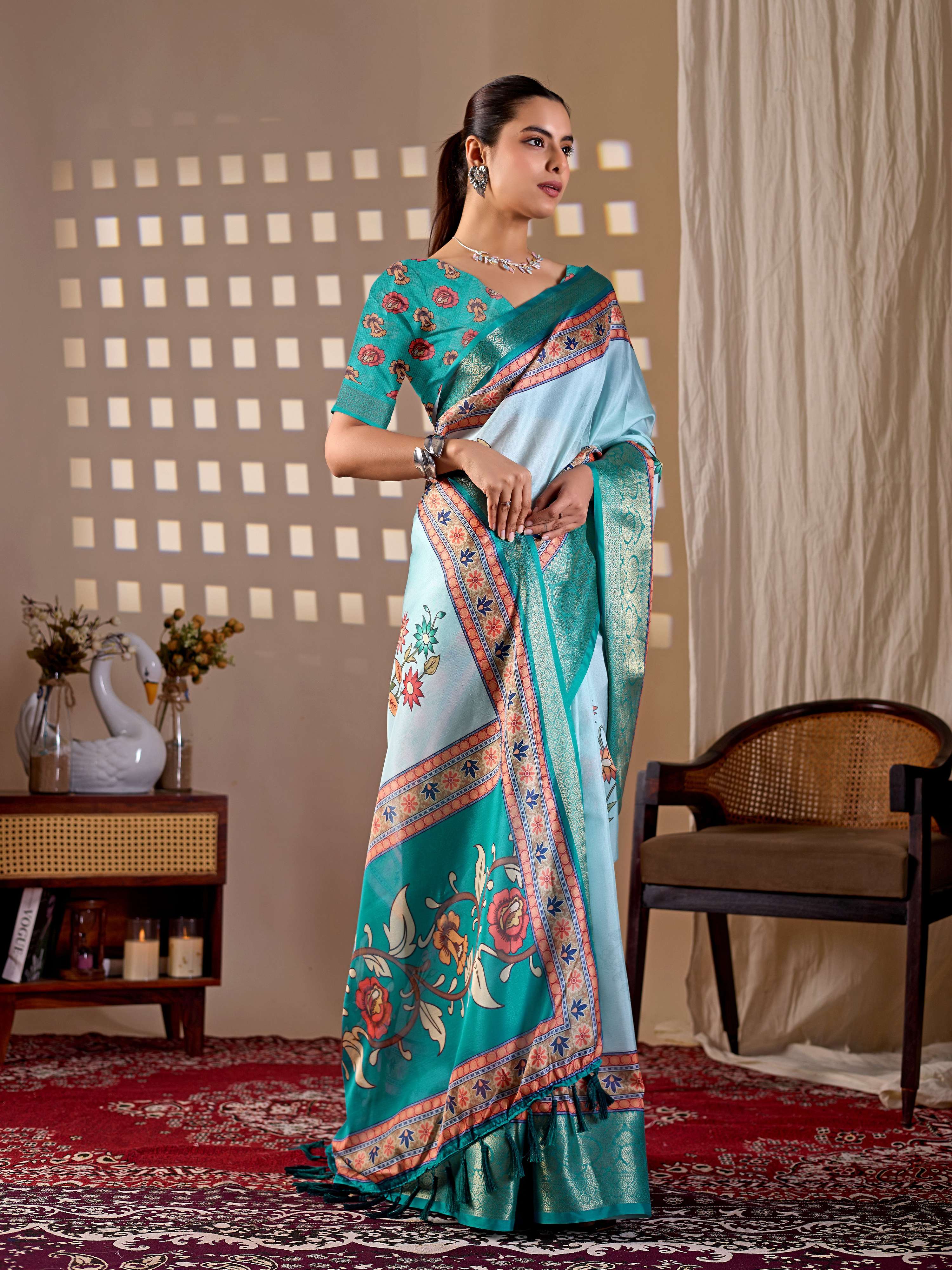 Aastha Fashion Aqua Soft Lichi Silk Printed Saree