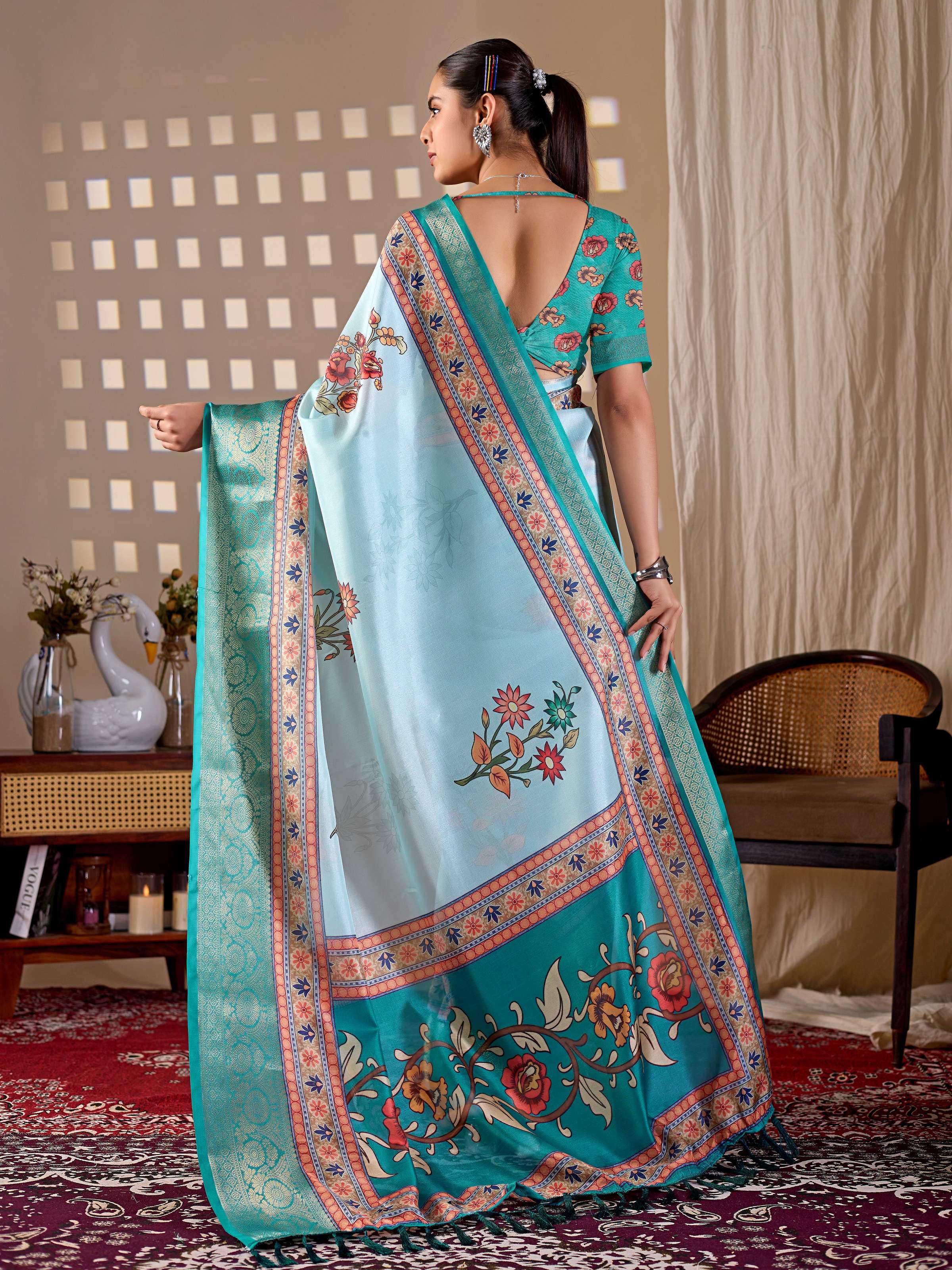 Aastha Fashion Aqua Soft Lichi Silk Printed Saree